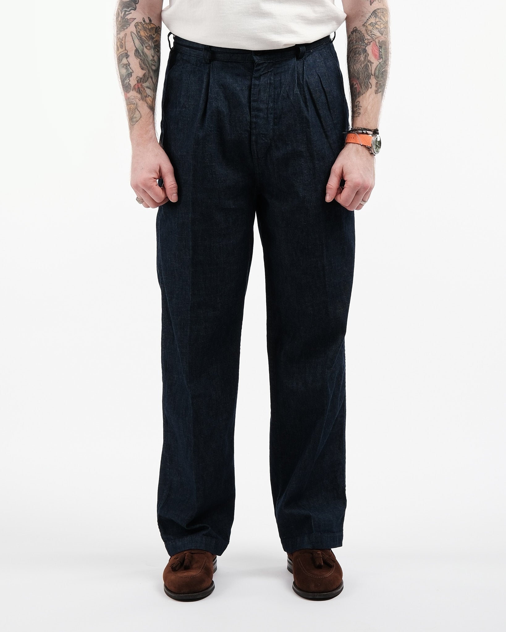 TWO TUCK WIDE DENIM WIDE TROUSERS ONE YEAR WASH - Meadow