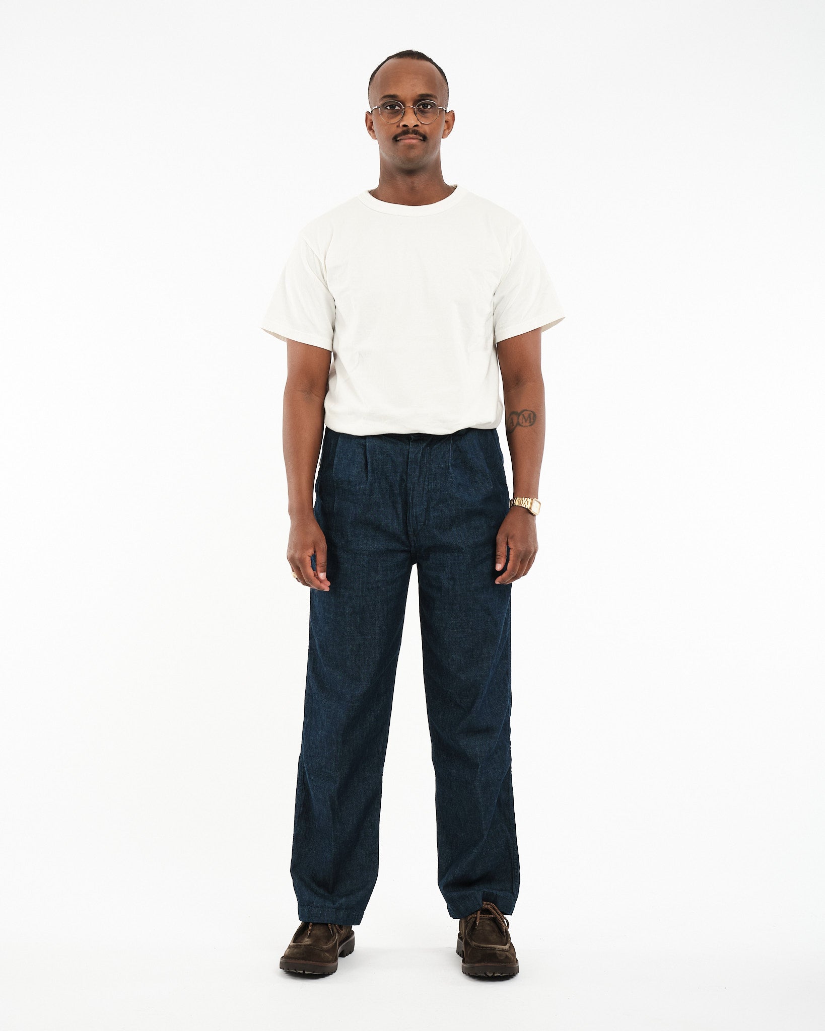 TWO TUCK WIDE DENIM WIDE TROUSERS ONE YEAR WASH - Meadow