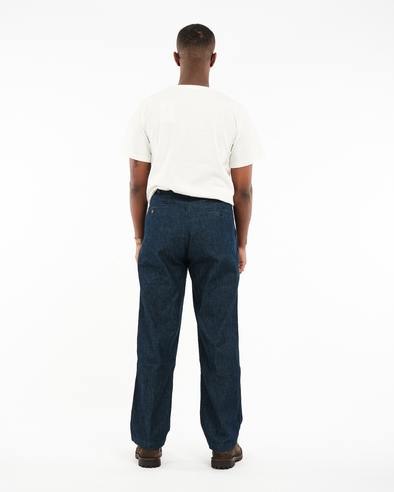 TWO TUCK WIDE DENIM WIDE TROUSERS ONE YEAR WASH - Meadow