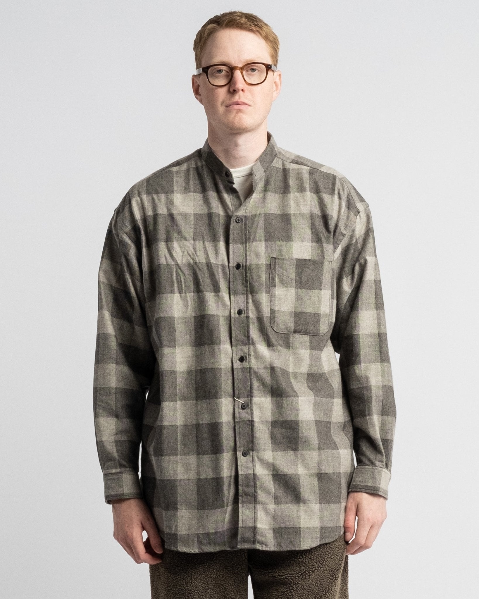 Loose Fit Stand Collar Shirt Grey Check 160 by Orslow ▶️ Meadow