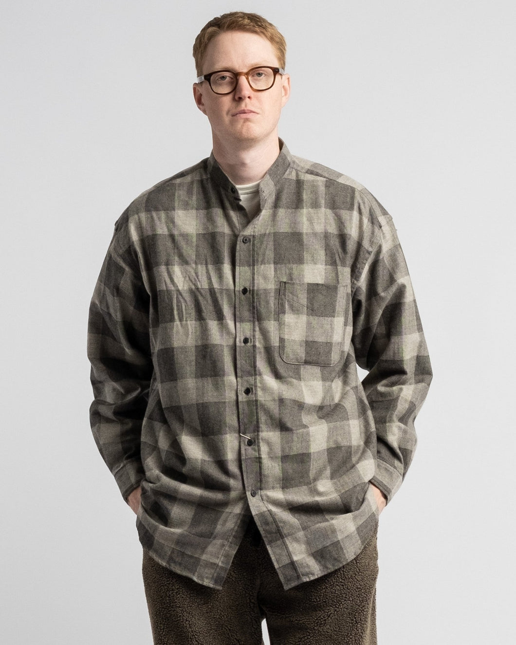 Loose Fit Stand Collar Shirt Grey Check 160 by Orslow ▶️ Meadow